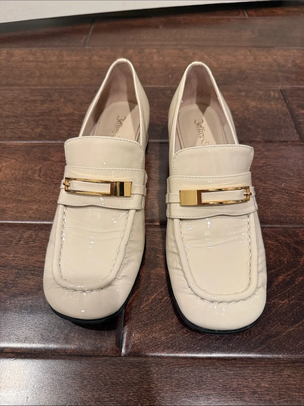 Jeffrey Campbell Cream Patent Loafers with Gold Detail
